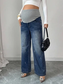 DAZY Casual Washed Rhinestone Decor Elegant Daily Wear Wide Leg All Season Maternity Long Denim Jeans Fall - Medium Wash - View 5