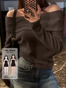 DAZY Kaos Wanita Polos Model Off-Shoulder Kasual Serbaguna untuk Pemakaian Sehari-hari di Musim Gugur - Coklat - View 1