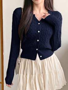 DAZY Cardigan Lengan Panjang Wanita Warna Polos Kasual Serbaguna untuk Aktivitas Sehari-hari di Musim Gugur - Navy Blue - View 8