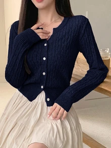 DAZY Cardigan Lengan Panjang Wanita Warna Polos Kasual Serbaguna untuk Aktivitas Sehari-hari di Musim Gugur - Navy Blue - View 3