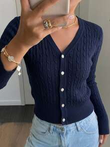 DAZY Cardigan Lengan Panjang Wanita Warna Polos Kasual Serbaguna untuk Aktivitas Sehari-hari di Musim Gugur - Navy Blue - View 7