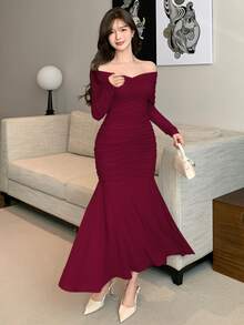 DAZY Women's Sexy Vintage Pleated Fishtail Hem Dress Fall - Dark Red - View 5