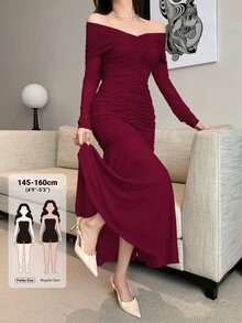 DAZY Women's Sexy Vintage Pleated Fishtail Hem Dress Fall - Dark Red - View 1
