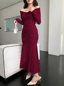DAZY Women's Sexy Vintage Pleated Fishtail Hem Dress Fall - Dark Red - View 3