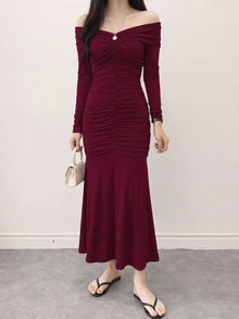 DAZY Women's Sexy Vintage Pleated Fishtail Hem Dress Fall - Dark Red - View 7