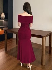 DAZY Women's Sexy Vintage Pleated Fishtail Hem Dress Fall - Dark Red - View 2