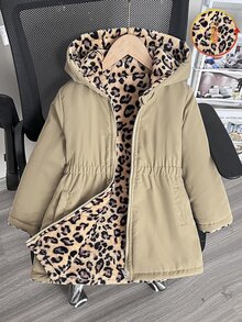 SHEIN Elladie kids 女童冬季豹紋可翻面連帽加厚棉襖外套，收腰設計，保暖內裡，厚實填充，拉鍊開合，仿抽繩，貼身版型 - 卡其色 - 查看 5