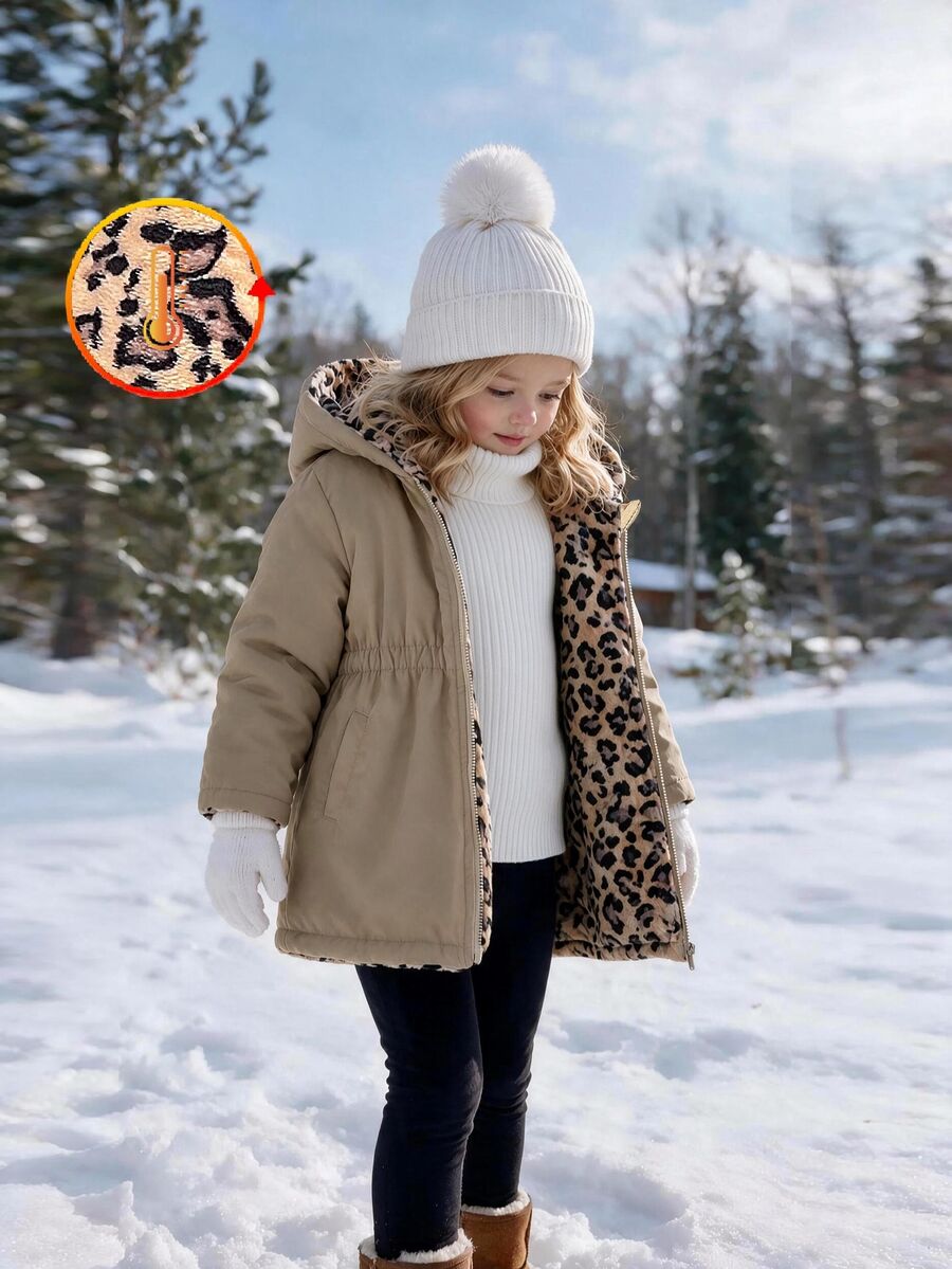SHEIN Elladie kids 女童冬季豹紋可翻面連帽加厚棉襖外套，收腰設計，保暖內裡，厚實填充，拉鍊開合，仿抽繩，貼身版型