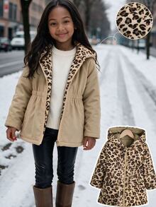 SHEIN Elladie kids 女童冬季豹紋可翻面連帽加厚棉襖外套，收腰設計，保暖內裡，厚實填充，拉鍊開合，仿抽繩，貼身版型 - 卡其色 - 查看 7