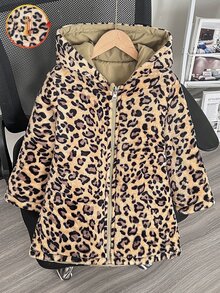 SHEIN Elladie kids 女童冬季豹紋可翻面連帽加厚棉襖外套，收腰設計，保暖內裡，厚實填充，拉鍊開合，仿抽繩，貼身版型 - 卡其色 - 查看 9