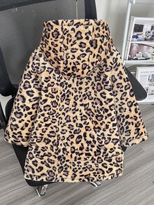 SHEIN Elladie kids 女童冬季豹紋可翻面連帽加厚棉襖外套，收腰設計，保暖內裡，厚實填充，拉鍊開合，仿抽繩，貼身版型 - 卡其色 - 查看 8