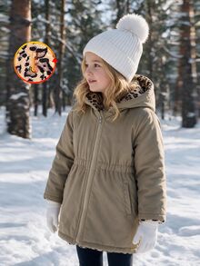 SHEIN Elladie kids 女童冬季豹紋可翻面連帽加厚棉襖外套，收腰設計，保暖內裡，厚實填充，拉鍊開合，仿抽繩，貼身版型 - 卡其色 - 查看 3