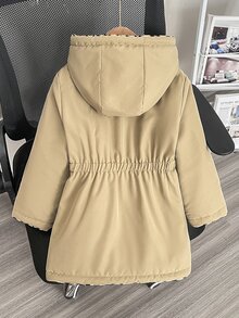 SHEIN Elladie kids 女童冬季豹紋可翻面連帽加厚棉襖外套，收腰設計，保暖內裡，厚實填充，拉鍊開合，仿抽繩，貼身版型 - 卡其色 - 查看 6