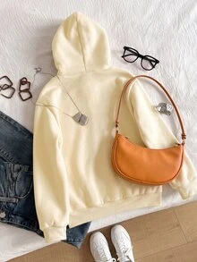 SHEIN 青少年女孩秋季運動衫，橘色花卉，冬季，休閒可愛，連帽，秋季，長袖，寬鬆套裝，舒適日常拉鍊校園穿搭 - 杏色 - 查看 2
