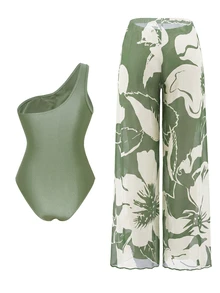 SHEIN Swim 2026SS Spring/Summer Sage Green Boho Tropical Elegant High-End Women's One-Piece Set For Vacation, Beach Vacation, Seaside And Casual Wear - Multicolor - View 4