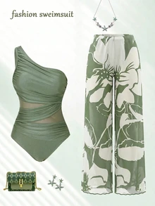 SHEIN Swim 2026SS Spring/Summer Sage Green Boho Tropical Elegant High-End Women's One-Piece Set For Vacation, Beach Vacation, Seaside And Casual Wear - Multicolor - View 2