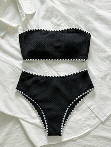 SHEIN Swim Springbreak Women Textured Fabric Summer Beach Resort Tube Top & Bikini Set - Black - View 2