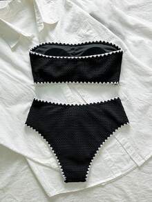 SHEIN Swim Springbreak Women Textured Fabric Summer Beach Resort Tube Top & Bikini Set - Black - View 3