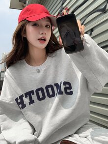 DAZY 女款寬鬆字母印花兩件式運動衫套裝，秋冬款 - 灰色 - 查看 5