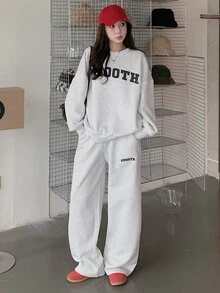 DAZY 女款寬鬆字母印花兩件式運動衫套裝，秋冬款 - 灰色 - 查看 10