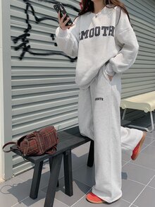 DAZY 女款寬鬆字母印花兩件式運動衫套裝，秋冬款 - 灰色 - 查看 6