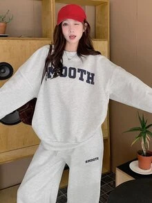 DAZY 女款寬鬆字母印花兩件式運動衫套裝，秋冬款 - 灰色 - 查看 2