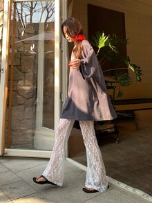 DAZY 女款花卉蕾絲時尚優雅喇叭褲 秋季 - 白色 - 查看 2