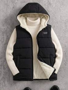 Boys Casual Hooded Letter Patch Quilted Thickened Vest, Autumn/Winter - Black - View 3