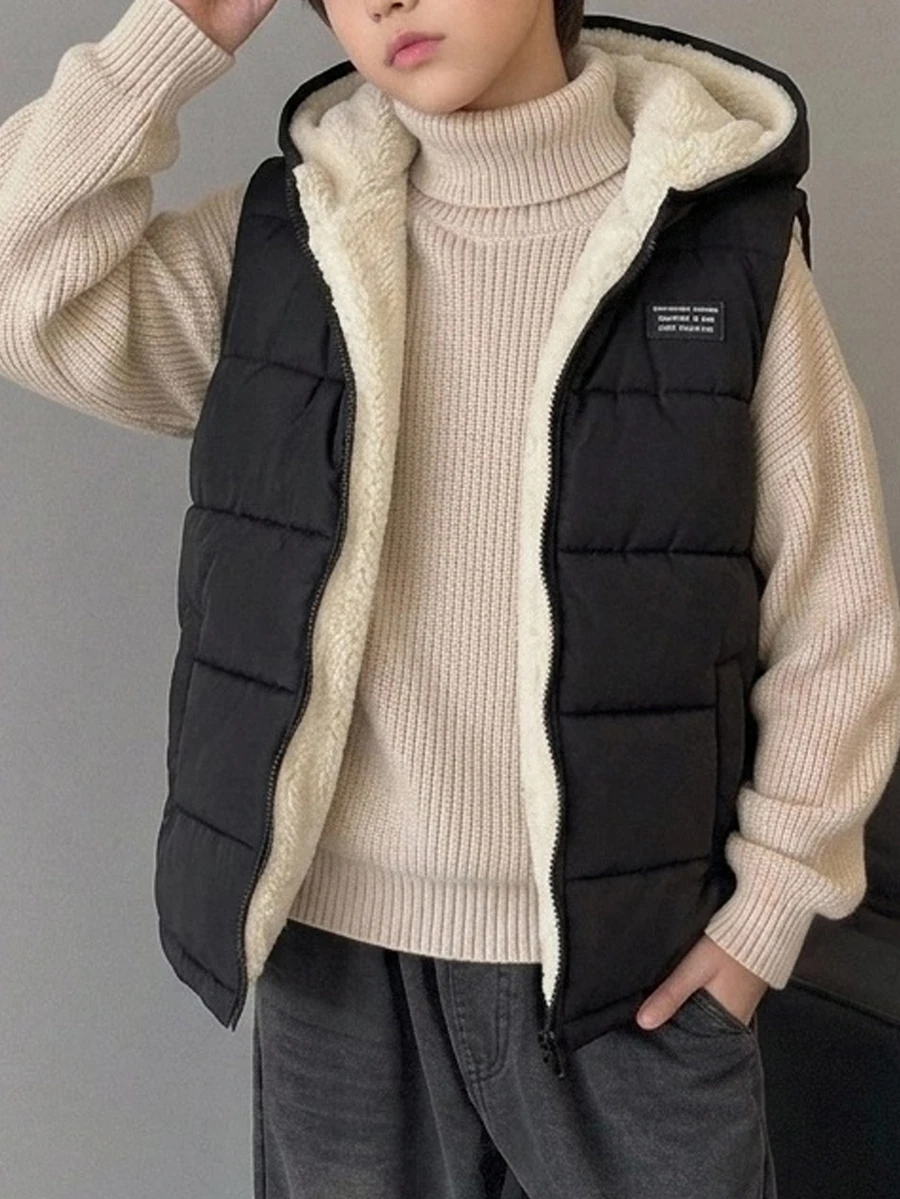 Boys Casual Hooded Letter Patch Quilted Thickened Vest, Autumn/Winter - Black - View 1