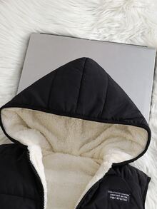Boys Casual Hooded Letter Patch Quilted Thickened Vest, Autumn/Winter - Black - View 6