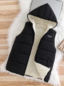 Boys Casual Hooded Letter Patch Quilted Thickened Vest, Autumn/Winter - Black - View 4
