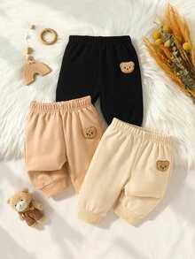 SHEIN 3pcs Newborn Baby Boys Sweatpants Joggers Cute Sports Black Tan Beige Teddy Bear Patch Cuffed Hem Daily Fall Winter Jogging Cargo Cozy Basic Item - Multicolor - View 7