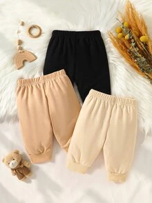 SHEIN 3pcs Newborn Baby Boys Sweatpants Joggers Cute Sports Black Tan Beige Teddy Bear Patch Cuffed Hem Daily Fall Winter Jogging Cargo Cozy Basic Item - Multicolor - View 2