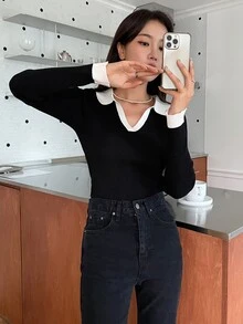DAZY Sweater Patchwork Blok Warna Kasual Musim Gugur untuk Wanita - Hitam - View 8