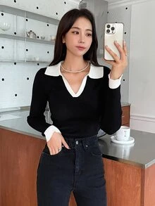DAZY Sweater Patchwork Blok Warna Kasual Musim Gugur untuk Wanita - Hitam - View 10
