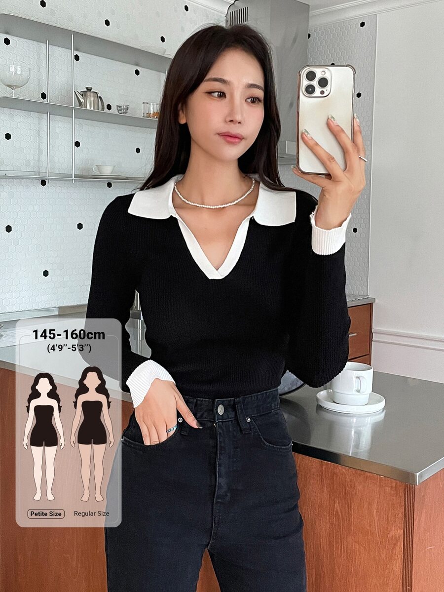 DAZY Sweater Patchwork Blok Warna Kasual Musim Gugur untuk Wanita - Hitam - View 1