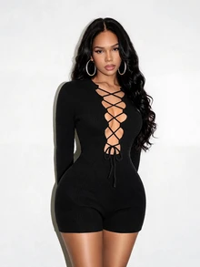 BamGleam Black Ribbed Long Sleeve Knit Romper With Hollow Out Tie Front, Slim Fit Elastic Bodycon Jumpsuit - Black - View 6