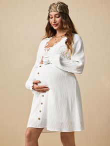 Boho Mama Maternity Solid Color Lace Patchwork Dress - White - View 5