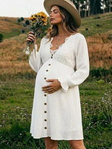 Boho Mama Maternity Solid Color Lace Patchwork Dress - White - View 1