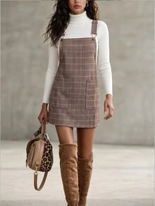 LanaWest Women's Spring/Summer Plaid Tweed Adjustable Buckle Wide Strap Dress - Brown - View 1