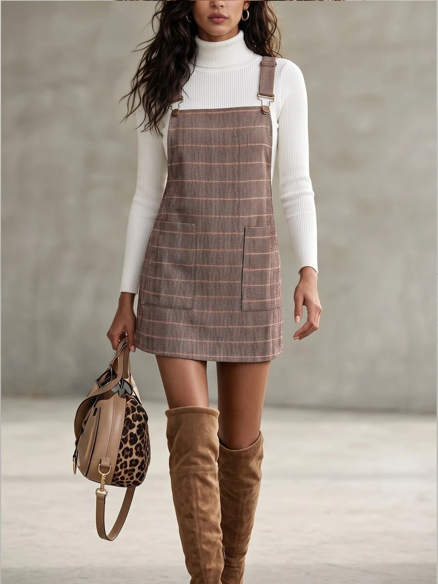 LanaWest Women's Spring/Summer Plaid Tweed Adjustable Buckle Wide Strap Dress - Brown - View 1
