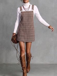 LanaWest Women's Spring/Summer Plaid Tweed Adjustable Buckle Wide Strap Dress - Brown - View 3