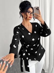 SHEIN LUNE CURVE Women's Plus Size Cross V-Neck Long Sleeve Front Ruched Asymmetrical Hem Button-Up Side Tie Polka Dot Print Blouse, Elegant Versatile Casual Work Commute Everyday Wear - Black - View 5