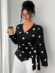 SHEIN LUNE CURVE Women's Plus Size Cross V-Neck Long Sleeve Front Ruched Asymmetrical Hem Button-Up Side Tie Polka Dot Print Blouse, Elegant Versatile Casual Work Commute Everyday Wear - Black - View 8
