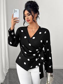 SHEIN LUNE CURVE Women's Plus Size Cross V-Neck Long Sleeve Front Ruched Asymmetrical Hem Button-Up Side Tie Polka Dot Print Blouse, Elegant Versatile Casual Work Commute Everyday Wear - Black - View 4