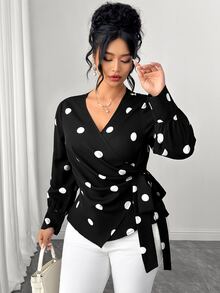SHEIN LUNE CURVE Women's Plus Size Cross V-Neck Long Sleeve Front Ruched Asymmetrical Hem Button-Up Side Tie Polka Dot Print Blouse, Elegant Versatile Casual Work Commute Everyday Wear - Black - View 3