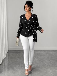 SHEIN LUNE CURVE Women's Plus Size Cross V-Neck Long Sleeve Front Ruched Asymmetrical Hem Button-Up Side Tie Polka Dot Print Blouse, Elegant Versatile Casual Work Commute Everyday Wear - Black - View 7
