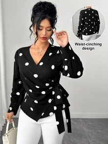 SHEIN LUNE CURVE Women's Plus Size Cross V-Neck Long Sleeve Front Ruched Asymmetrical Hem Button-Up Side Tie Polka Dot Print Blouse, Elegant Versatile Casual Work Commute Everyday Wear - Black - View 1