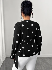 SHEIN LUNE CURVE Women's Plus Size Cross V-Neck Long Sleeve Front Ruched Asymmetrical Hem Button-Up Side Tie Polka Dot Print Blouse, Elegant Versatile Casual Work Commute Everyday Wear - Black - View 2