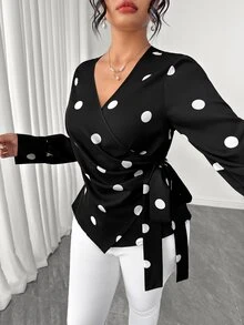 SHEIN LUNE CURVE Women's Plus Size Cross V-Neck Long Sleeve Front Ruched Asymmetrical Hem Button-Up Side Tie Polka Dot Print Blouse, Elegant Versatile Casual Work Commute Everyday Wear - Black - View 6